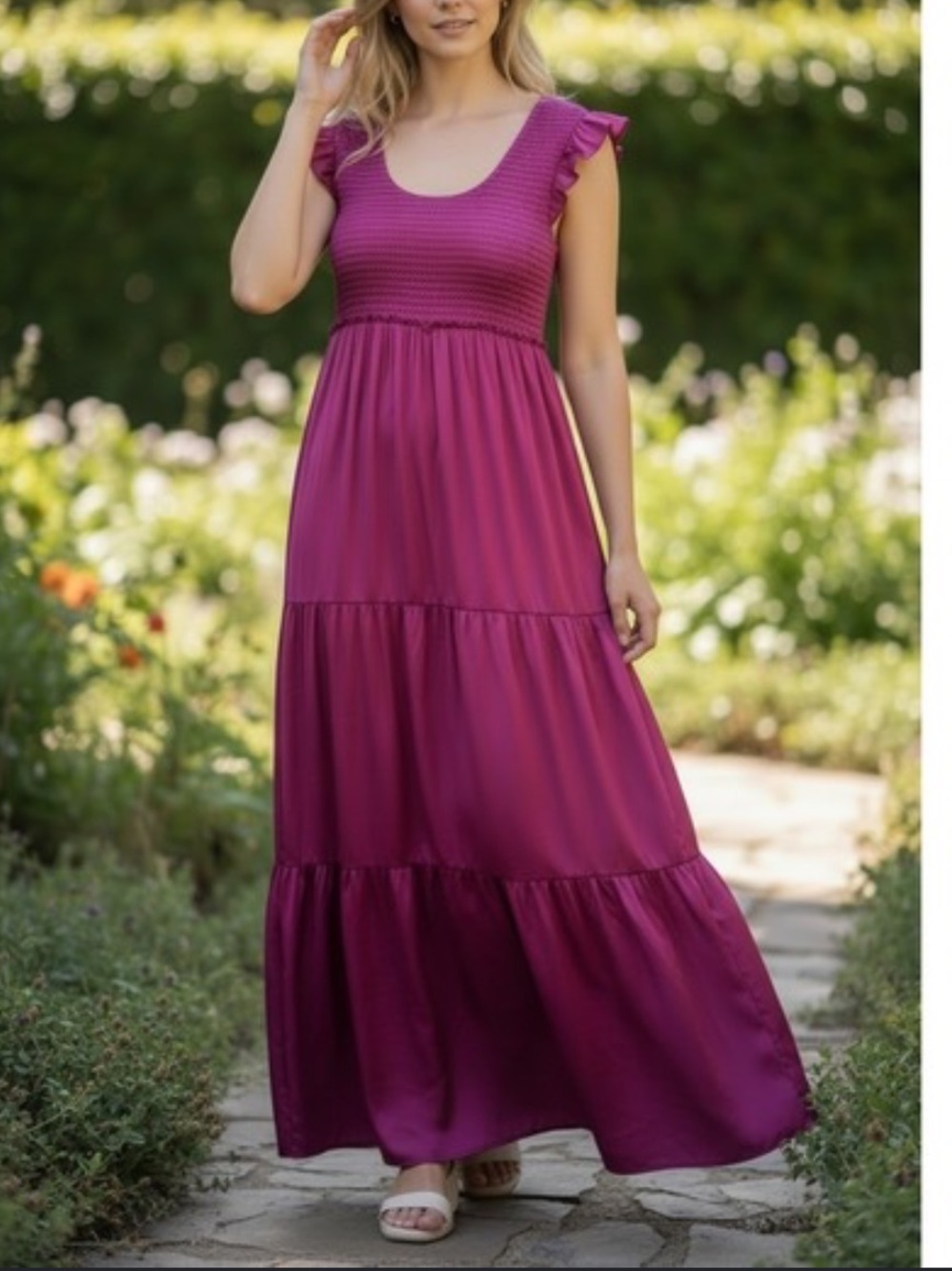 Natural Life Olivia Magenta Satin Smocked Maxi Dress Size XL